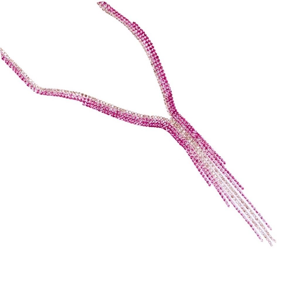🆕 Stunning White 14k Pink Fuchsia Dainty CZ Lariat Fringe Tassel Necklace NWT